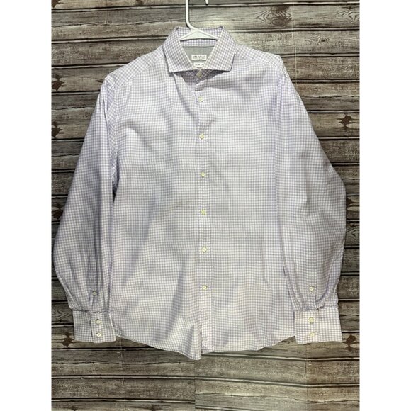 Brunello Cucinelli Plaid Button Down Dress Shirt sz Large color purple white - Picture 1 of 6